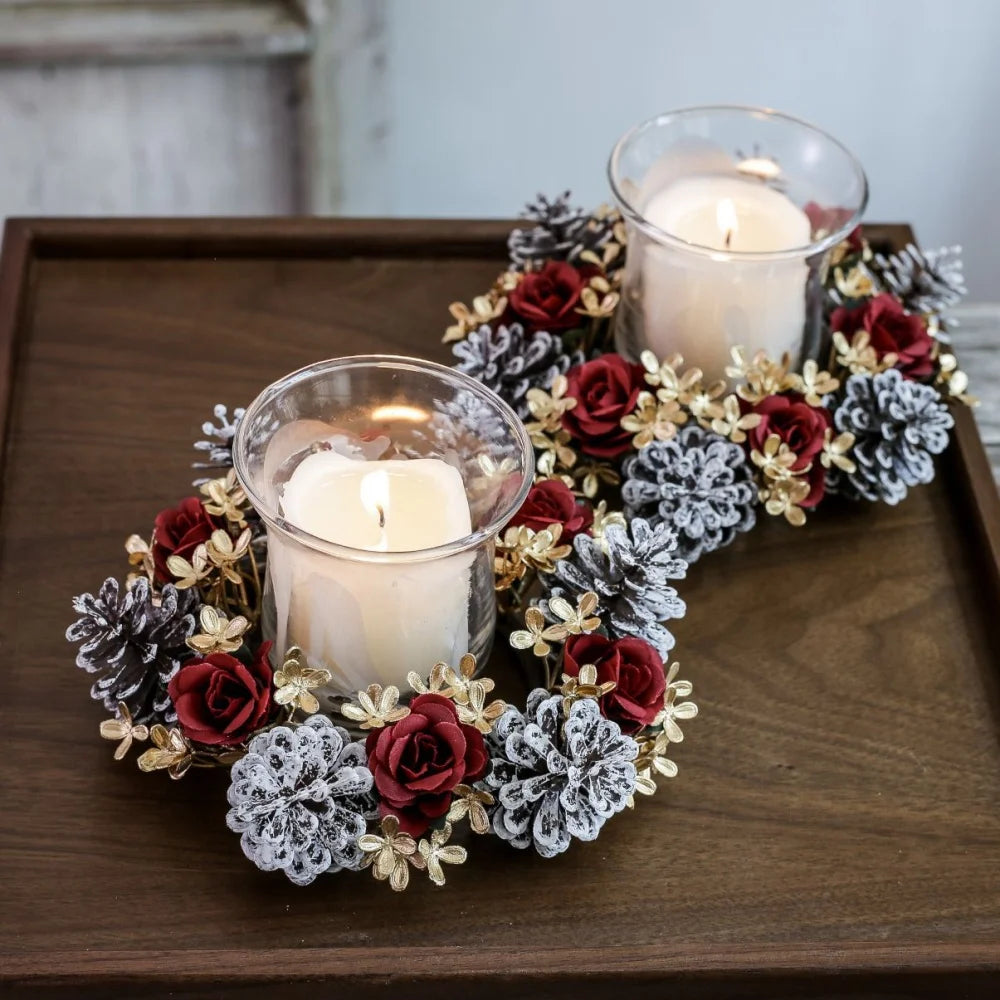 Christmas Candlestick Wreath Red Fruit Artificial Flowers Candle Ring Xmas New Year Table Decoration Candle Holder Garland Oasis Select