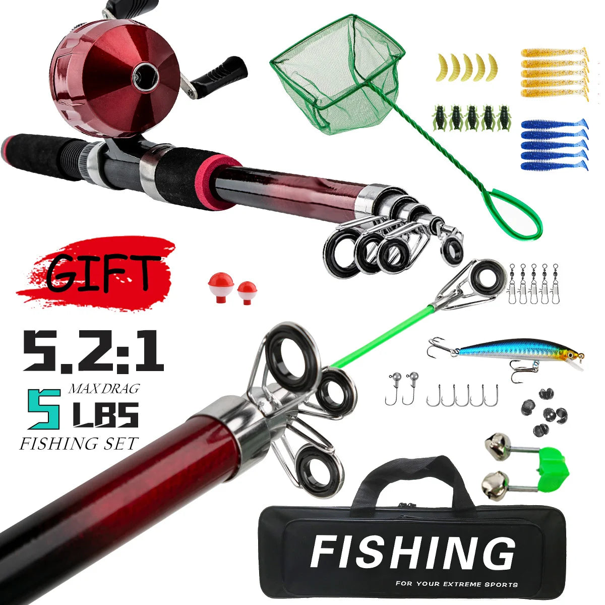 Beginner's Fishing Rod Set 1.8m lure rod, soft and hard bait, fishing hook line, complete set of fishing gear Oasis Select 5