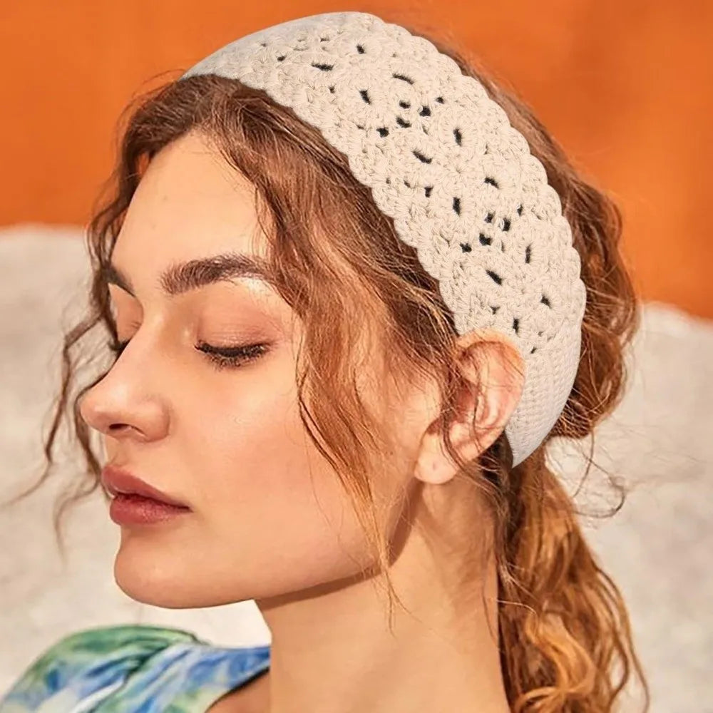 Boho Floral Headband Handmade Solid Color Knit Hair Band Hollow Out Crochet Hair Scarf Oasis Select