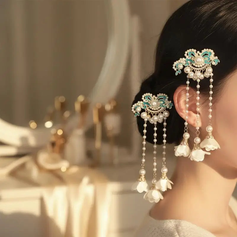 Vintage Pearl Tassel Hair Clip – Enamel Flower Hanfu Hair Pin Decorative Hair Pin Oasis Select