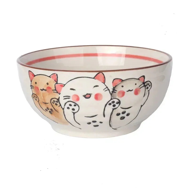 Japanese-style Cartoon Cat Fish Printed Rice Bowls Hand Drawn Animal Pattern Tableware Food Container For Home Daily Dining Oasis Select