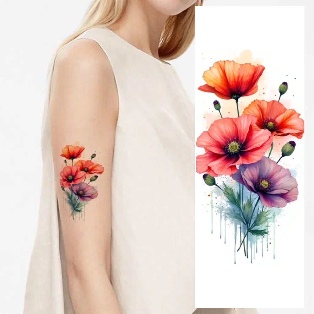 9pcs Floral Temporary Tattoos – Waterproof Botanical Stickers