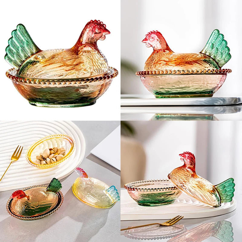 SXH Hen Glass Dish Crystal Glasses Candy Dish With Lid Hen-Shaped Chicken Fruit Bowl Dessert Snacks Plate Retro Bowl Jar Oasis Select