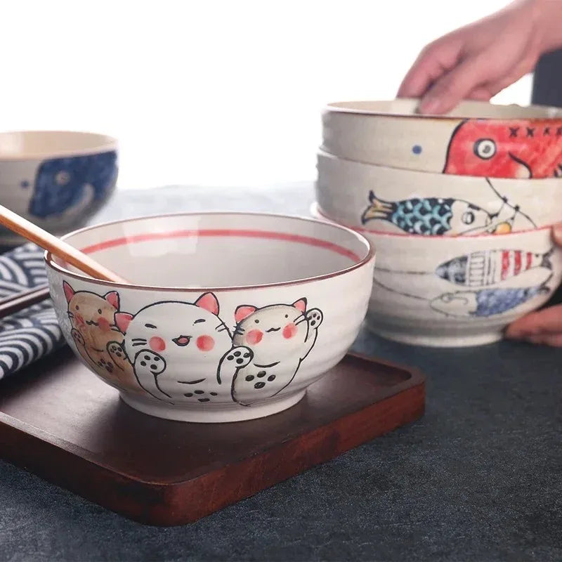 Japanese-style Cartoon Cat Fish Printed Rice Bowls Hand Drawn Animal Pattern Tableware Food Container For Home Daily Dining Oasis Select