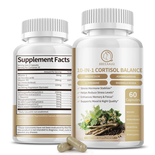 BBEEAAUU Men's&Women's Cortisol Supplements Management Agent Detox Low High Cortisol Levels,Relaxation&Nighttime Support,Non GMO Oasis Select
