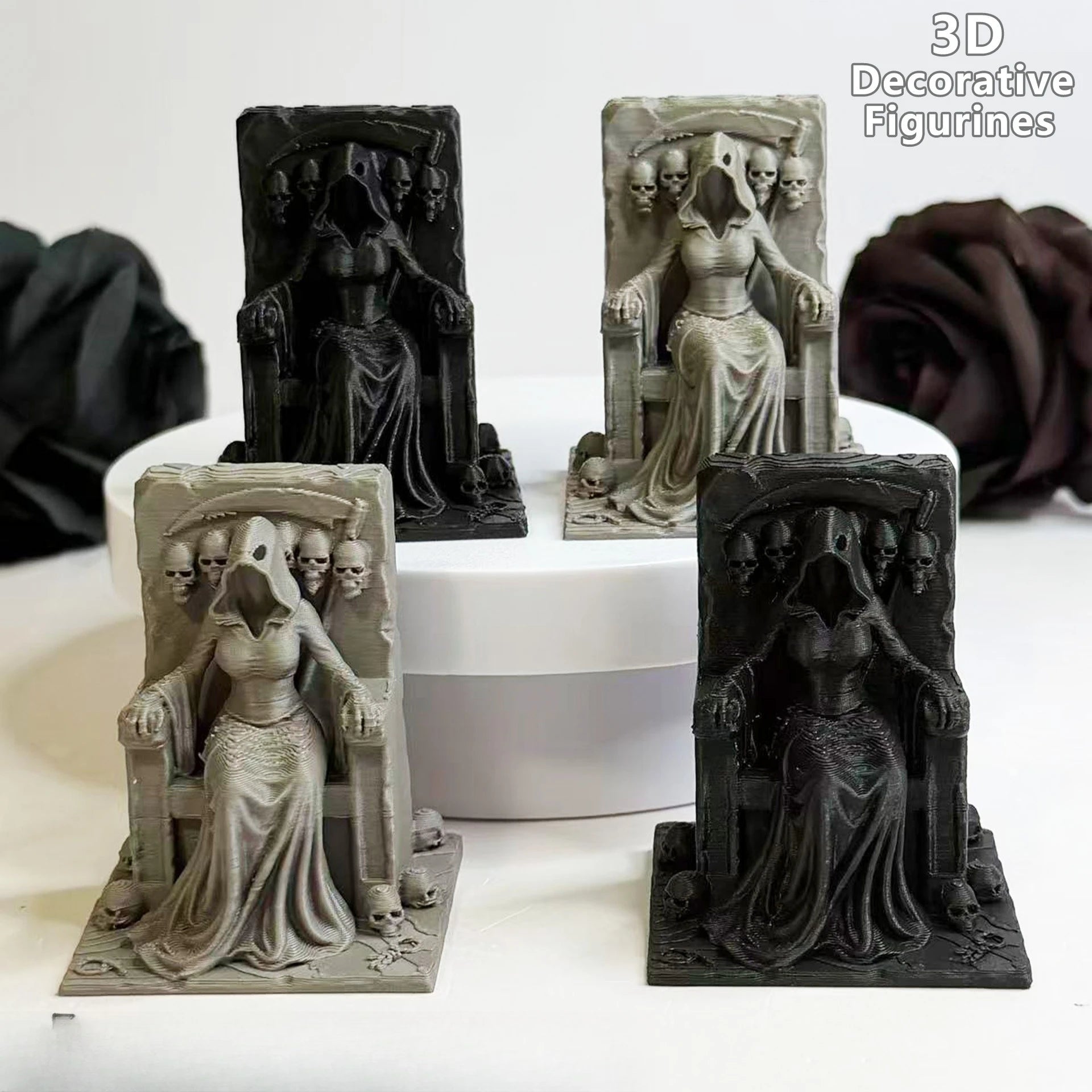 Grim Reaper Witch Throne Figurines 3D Printed Gothic Skull Statues Dark Fantasy Miniatures Diy Ornaments Halloween Desktop Decor Oasis Select