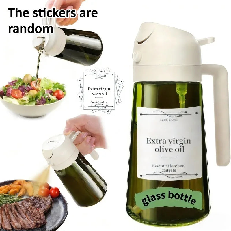 1pc 2-in-1 Olive Oil Dispenser & Sprayer, 16oz/470ml Dark Green Bottle, Durable Plastic with 6 Stickers, Kitchen Cooking Gadget Oasis Select white bottle cap
