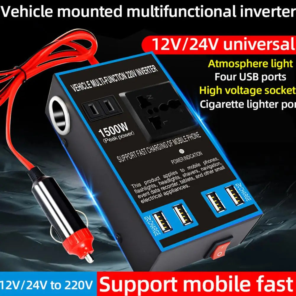1500W Car Power Inverter 12V/24V to 220V – 4 USB & AC Ports