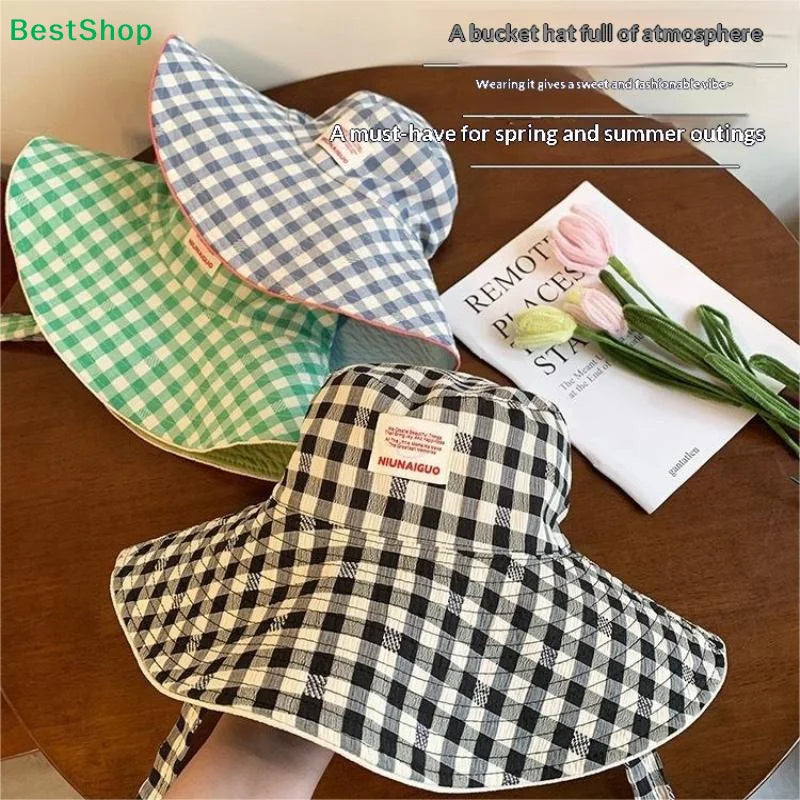 Women's Wide Brim UV Sun Hat with Chin Strap – Plaid Beach