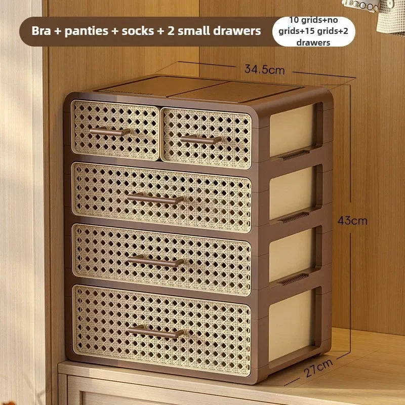 Home bedroom underwear storage box, home drawer style grid sorting wardrobe, antique style plastic rattan dust-proof storage box Oasis Select 3 layers 2 drawers