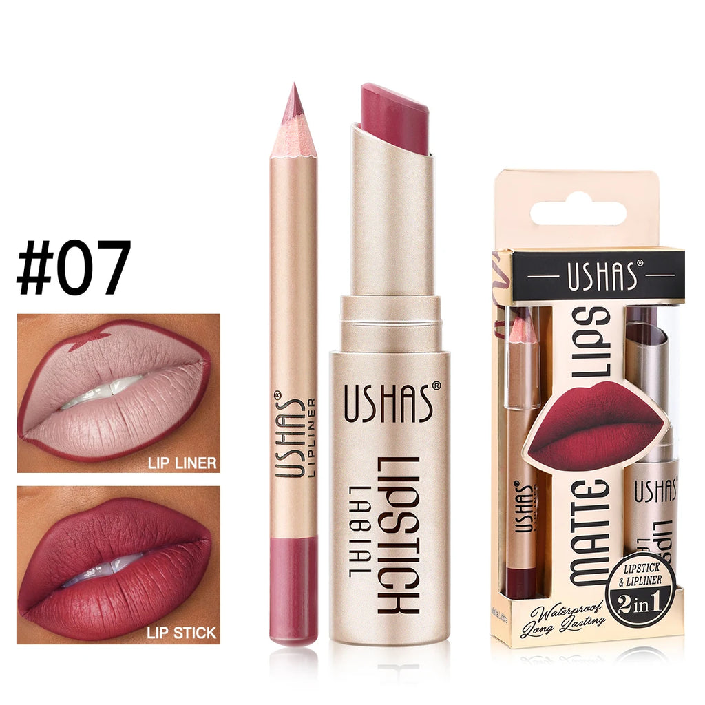 USHAS 12-Color Matte Lipstick & Lip Liner Set – Waterproof