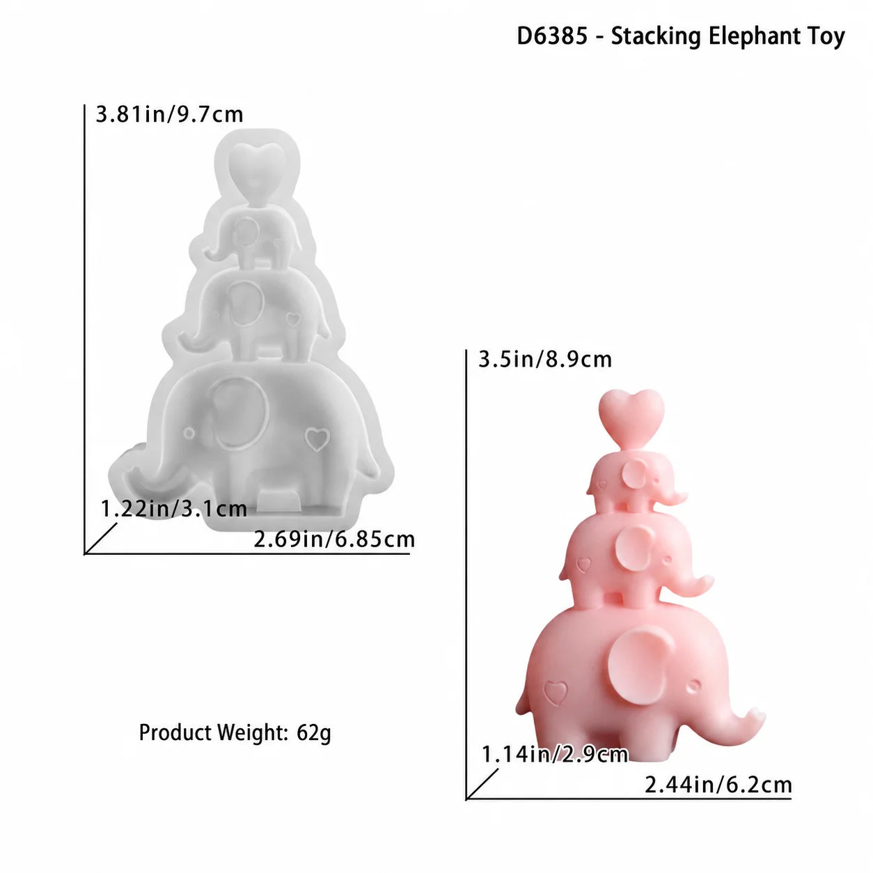 3-Tier Stacking Heart Elephant Silicone Mold for DIY Handmade Candle Resin Decorative Ornament Oasis Select White Pink