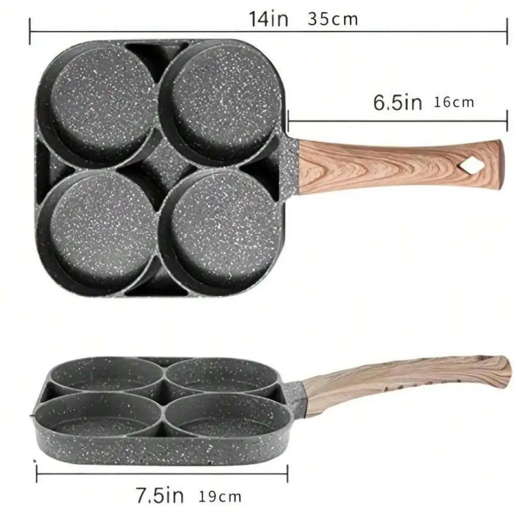 Frying pan, non-stick ham pancake maker, egg burger pan, with wooden handle, 4-hole, suitable for induction cooktops and gas sto Oasis Select 1pc