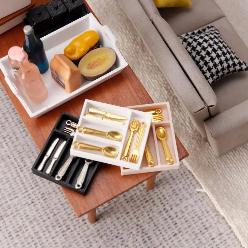 Miniature 1/12 Dollhouse Tableware Organizer, 5pcs Storage Tray for Table Drawers and Dressing Desk, Jewelry Stationery Case. Oasis Select