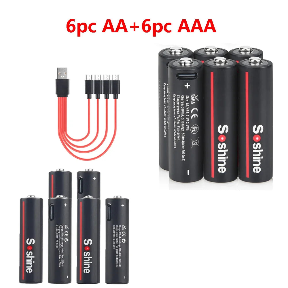 Soshine USB Lithium 600mWh 1.5V AAA Battery and 3500mWh 1.5V AA Rechargeable Batteries Li-ion AA and AAA Rechargeable Batteries Oasis Select 6pc AAAand AA 1.5V