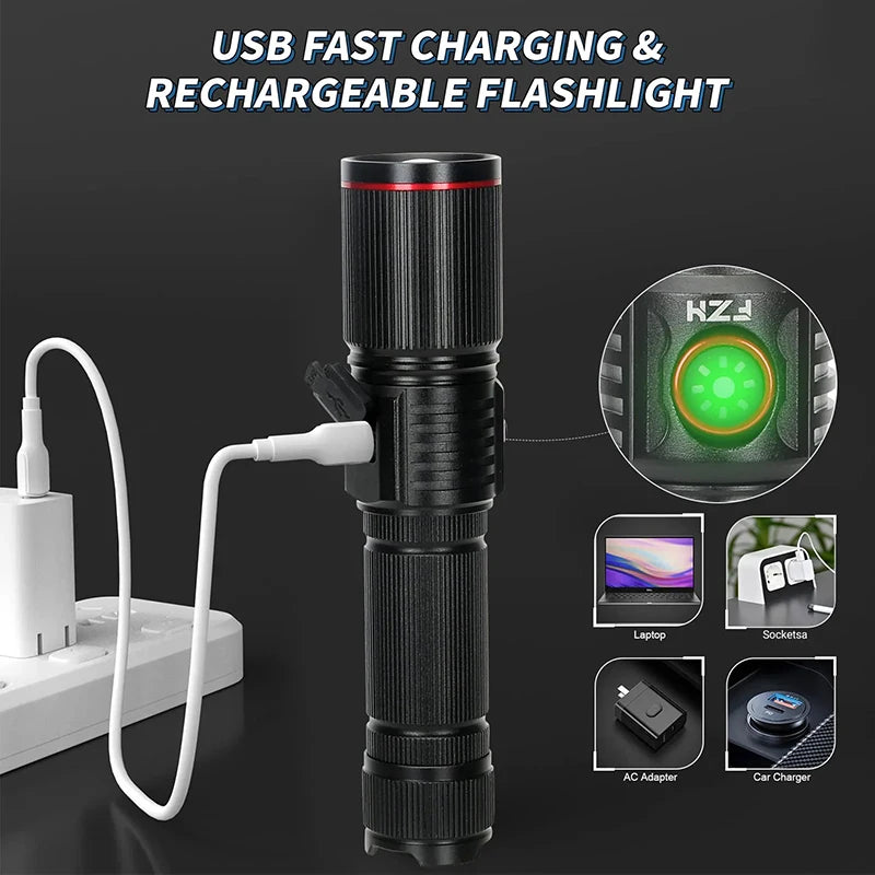 Portable Powerful LED Flashlight 2000LM Tactical Zoom Torch USB Rechargeable 18650 or 21700 Battery Camping Fishing Lantern Oasis Select