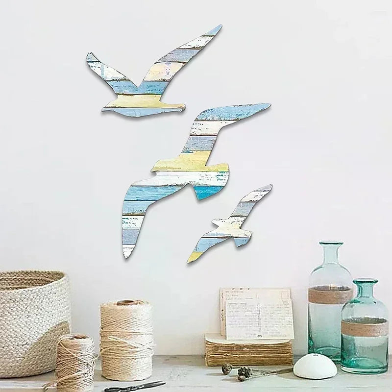 3pcs Wooden Seagull Wall Decorations Nautical Coast Theme Retro Beach Marine Bird Living Room Bedroom Decoration Oasis Select