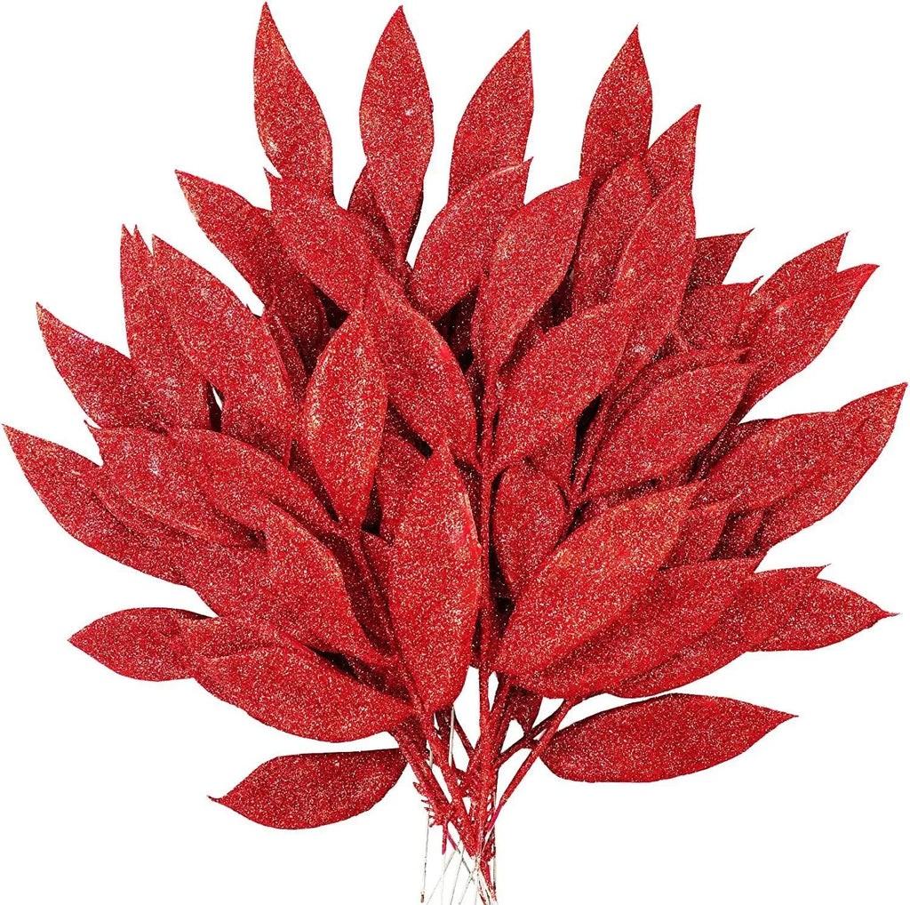 1pcs Glitter Bay Leaf Stems Artificial Christmas Spray Picks Fake Floral Leaf Branches Wired Stem Decor For Christmas Tree Oasis Select Red