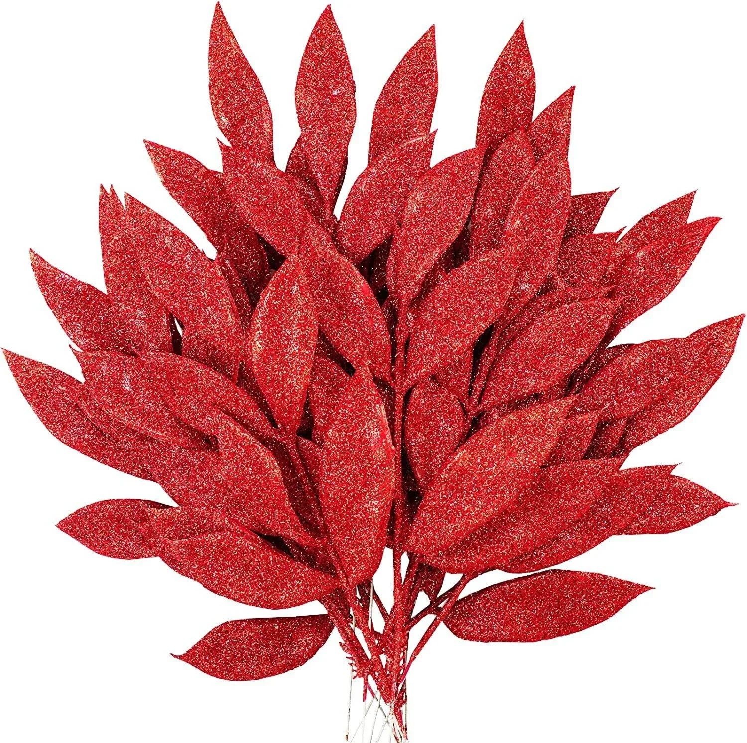 1pcs Glitter Bay Leaf Stems Artificial Christmas Spray Picks Fake Floral Leaf Branches Wired Stem Decor For Christmas Tree Oasis Select Red