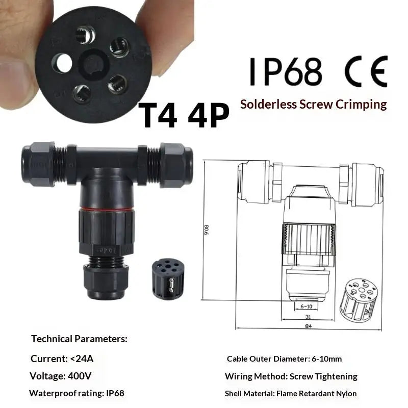 1Pc Quick Screw Push-in Terminal, IP68 Waterproof T-Type Electrical Connector 2/3/4/5 Pin, Wiring Harness Junction Box Connector Oasis Select T4 4PIN 24A