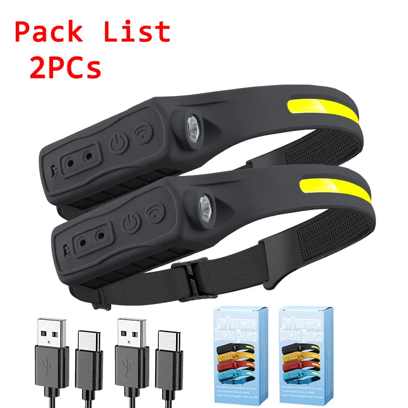 Powerful COB LED Induction Headlamp Built-in Battery USB Rechargeable Head Flashlight Outdoor Camping Fishing Riding Headlight Oasis Select Black 2PCS