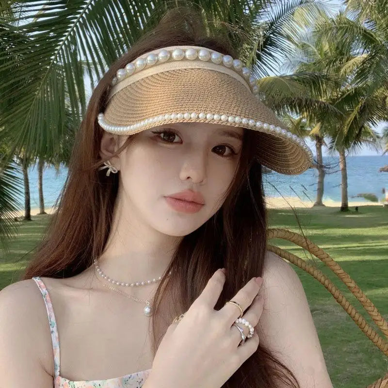 Summer Beach Straw Hat with Pearls for Women Wide Brim Open Crown Elegant Raffia Sun Protection Cap Holiday Essentials Oasis Select