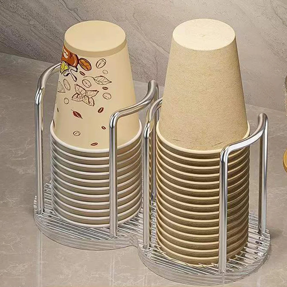 Luxury Disposable Cup Storage Holder Water Tea Cups Dispenser Rack Shelf with Longer Stick Mug Display Stand Home Organizer Oasis Select Silver-Double Cup