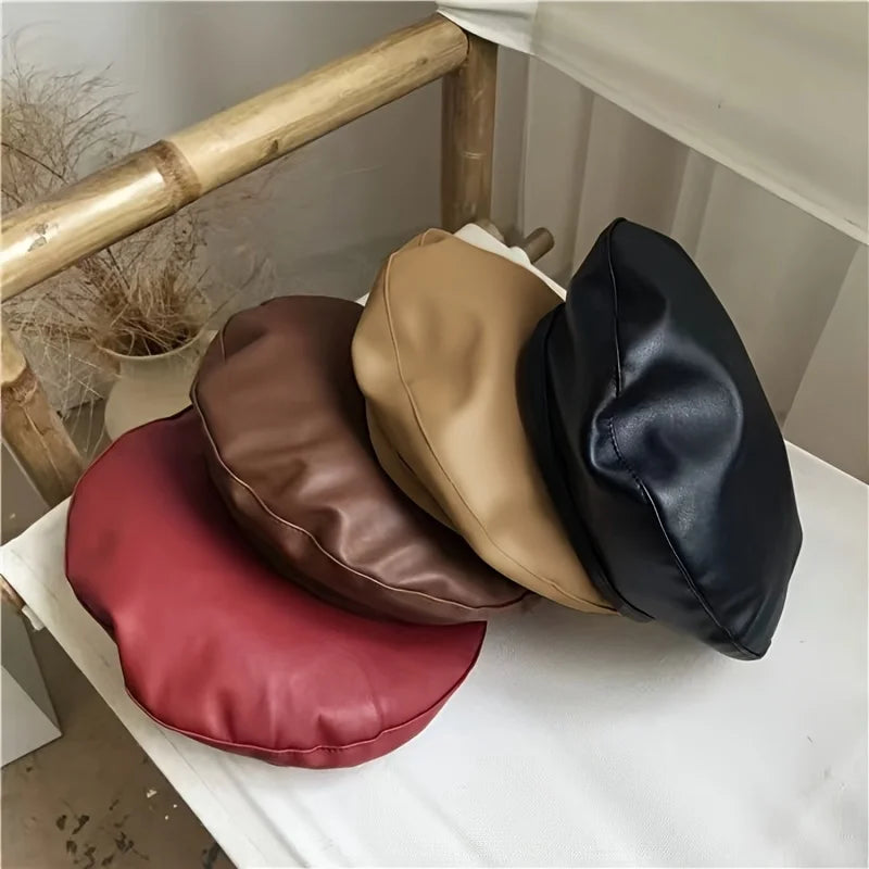 Women Girl Beret Hat French Retro Artist Beanie Hat Elegant Solid Color PU Leather Lady Painter Cap Spring Autumn Lady Berets Oasis Select