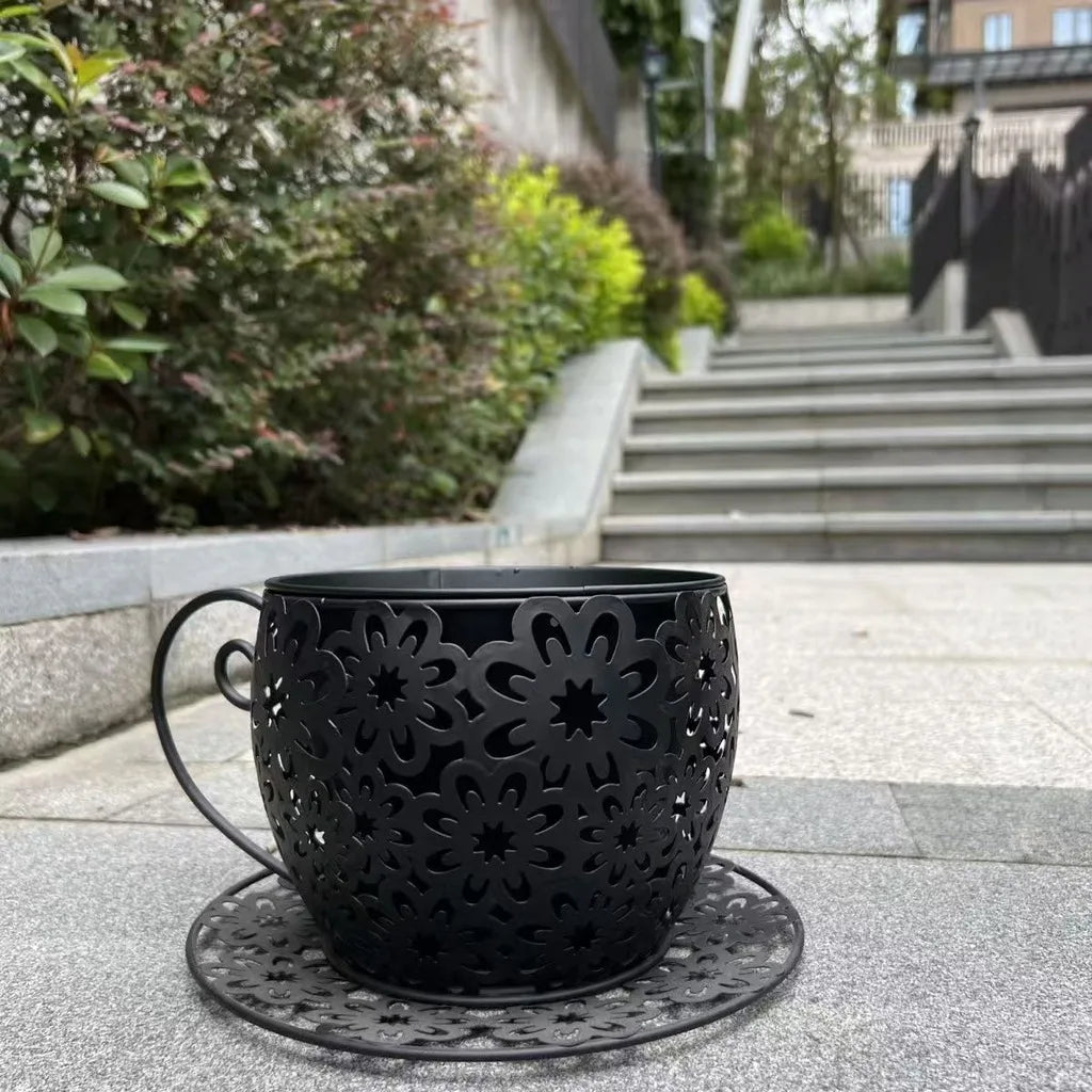 Teacup Iron Flower Pot | Vintage Garden Planter with Saucer