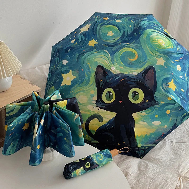 Green Folding Umbrella Cartoon Cat Professional Sun Protection and UV Protection Umbrella Suitable for Sunny and Rainy Days. Oasis Select