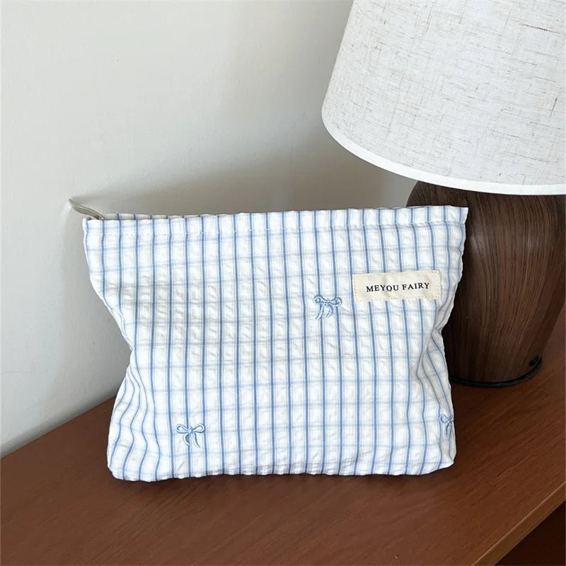 Fashion Women Bow Stripe Makeup Bag Portable Toiletry Lipsticks Cosmetic Storage Pouch Clutch Bag Ladies Organizer Handbag Oasis Select Light Blue C