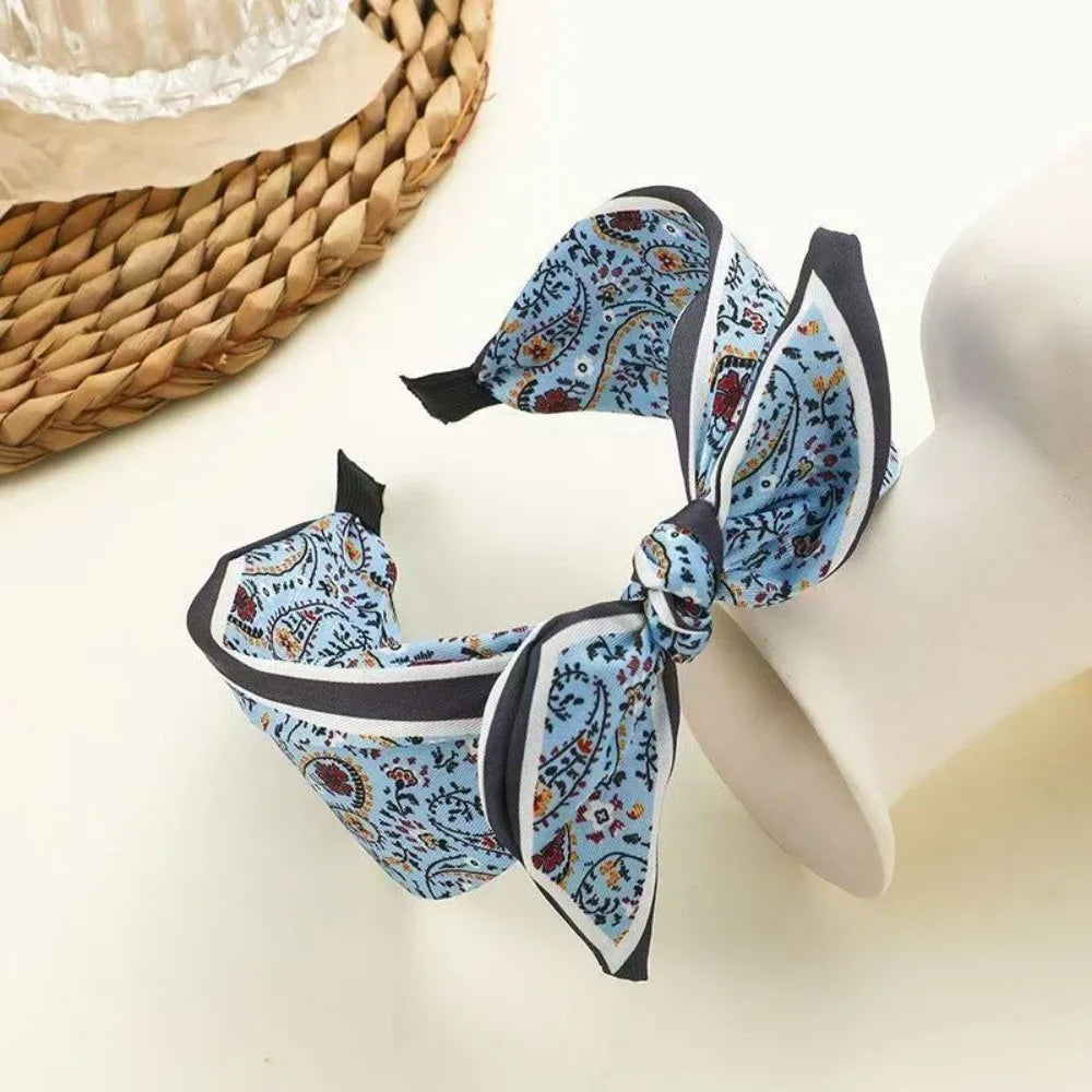 New Wide Brim Bowknot Headband Floral Paisley Hair Band Elastic Cloth Hair Hoop Girls Oasis Select Blue