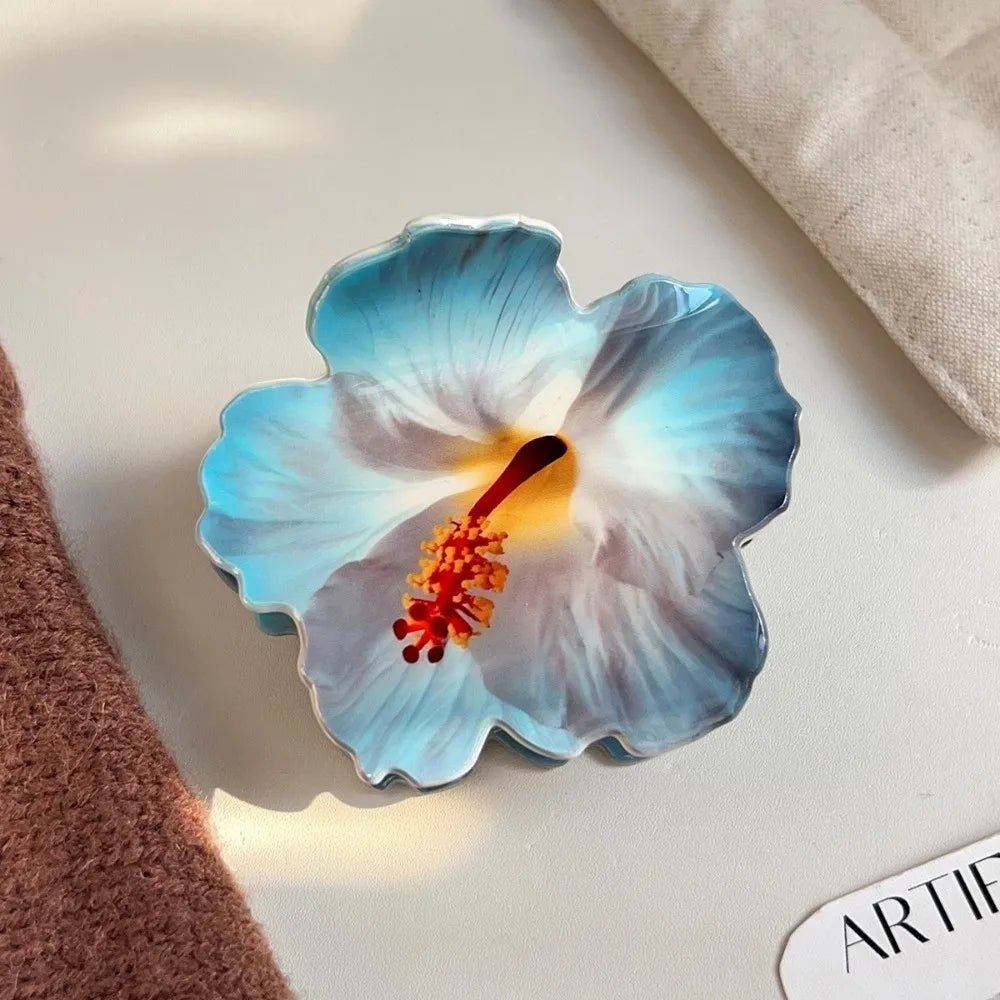 Double-sided Printing Hibiscus Flower Hair Claw Exquisite Design Lifelike Flowers Acrylic Claw Clip Romantic Style Oasis Select 3