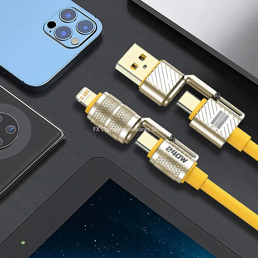 240W 4-in-1 Fast Charging Data Cable Type-C To Type-C Zinc Alloy Cable For iPhone15/16p Samsung Huawei Xiaomi Oppo iphone Oasis Select