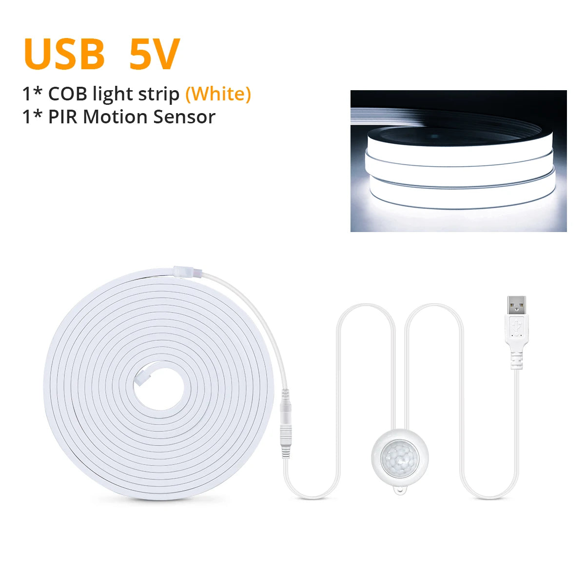 Motion Sensor COB LED Neon Strip Lights Pure Silica Gel DC5V USB Smart Human Body Induction Kitchen Bedroom Night Security Lamp Oasis Select White 3M