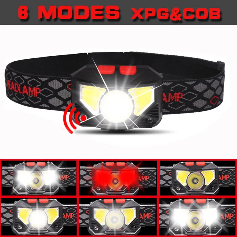 8 Modes Handfress Motion Sensor Powerful LED Headlight headlamp Head Lamp COB Flashlight Torch head light For Camping, fishing Oasis Select