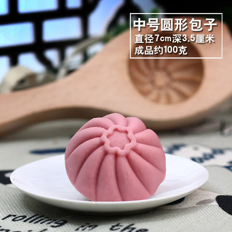 Kitchen Handmade Noodle Steamed Buns Pattern Steamed Bread Mold Baking Wooden Pasta Large, Medium and Small Cage Printing Tool Oasis Select M round buns