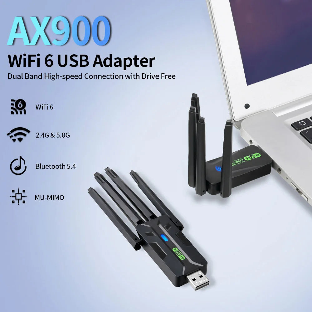 WiFi 6 AX900 USB Adapter Bluetooth 5.4 Dual Band 2.4G 5G 4 Antennas WiFi6 USB Network Receiver Dongle Driver Free Win 10/11 Oasis Select