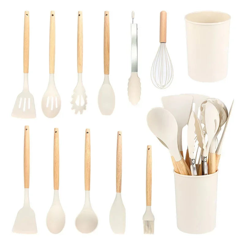 12Pcs Silicone Utensils Set Non-Stick Cookware Spatula Shovel Egg Beaters Wooden Handle Kitchenware Home Kitchen Cooking Tools Oasis Select Beige 12PCS