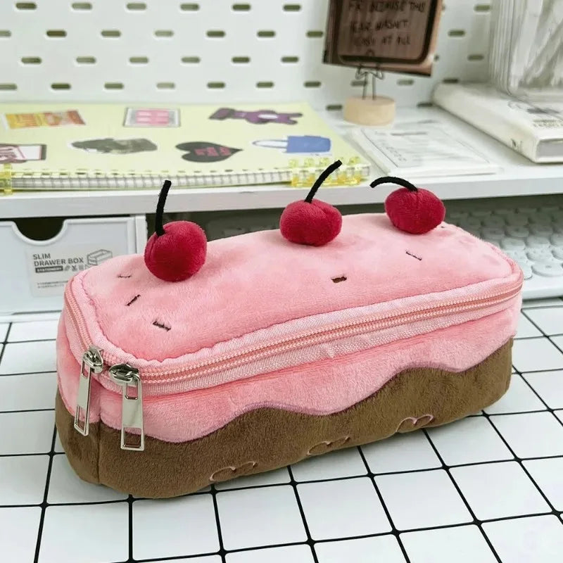 1Pcs Cute Pencil Bag Plush Cherry Cake Pencil Case Large Capacity Student Stationery Storage for Girls Kids Back to School Gift Oasis Select