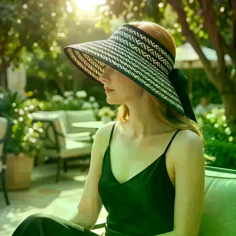 Women's Wide Brim Empty Top Straw Sun Visor Cap Summer UV Protection Foldable Casual Beach Travel Hat Oasis Select