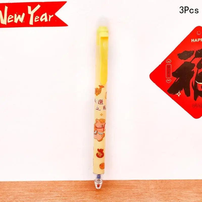 3Pcs Cute Cartoon New Year's Pony Erasable Pen Press Magic Brush Gel Pen Student Stationery Supplies New Year Stationery Gifts Oasis Select A6