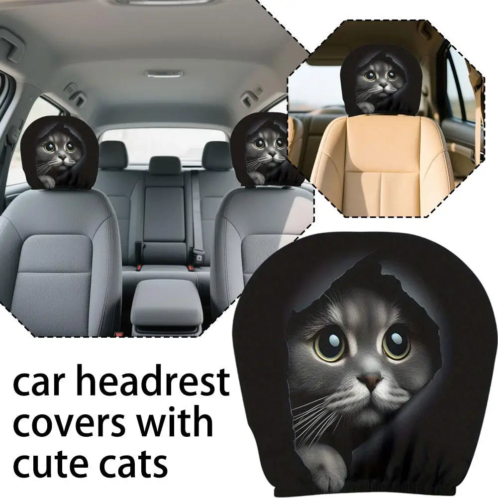 2 pieces of realistic car headrest covers with cute cats showing their faces, washable and stretchable, car interior decoration Oasis Select