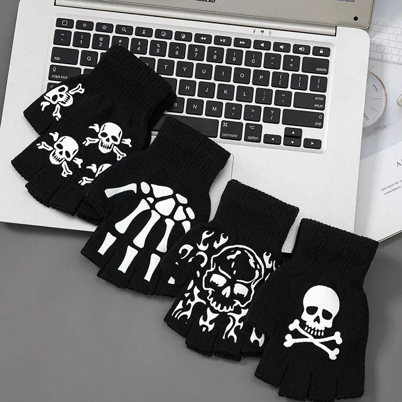 1-4pair Gloves Unisex Halloween Skeleton Skull Half Finger Gloves Glow In The Dark Fingerless Stretch Knitted Winter Mittens Oasis Select