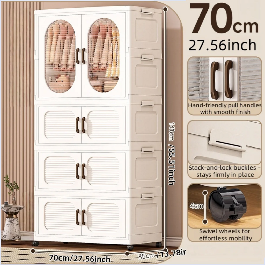 70cm Double-Door Foldable Wardrobe with Wheels - Large Capacity Magnetic Closure Storage for Clothes/Quilts, Bedroom/Living Room Oasis Select 1 cabinet 3 drawers