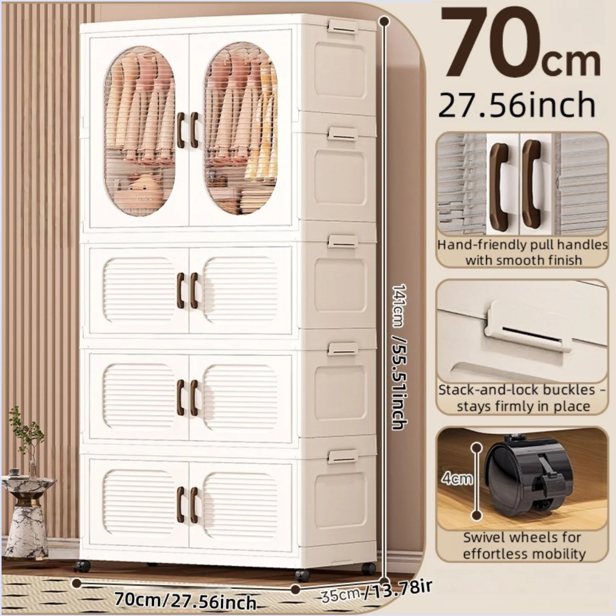 70cm Double-Door Foldable Wardrobe with Wheels - Large Capacity Magnetic Closure Storage for Clothes/Quilts, Bedroom/Living Room Oasis Select 1 cabinet 3 drawers