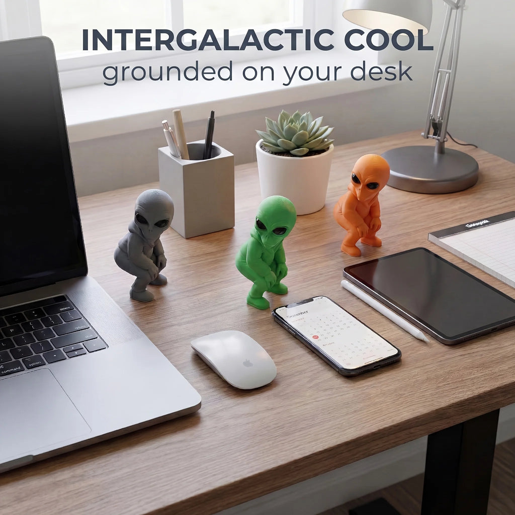 Squatting Hooded Alien Figurine 3D Printed Mini ET Desk Decor Statue Cool Intergalactic Space Ornament for Gaming Office Desktop Oasis Select