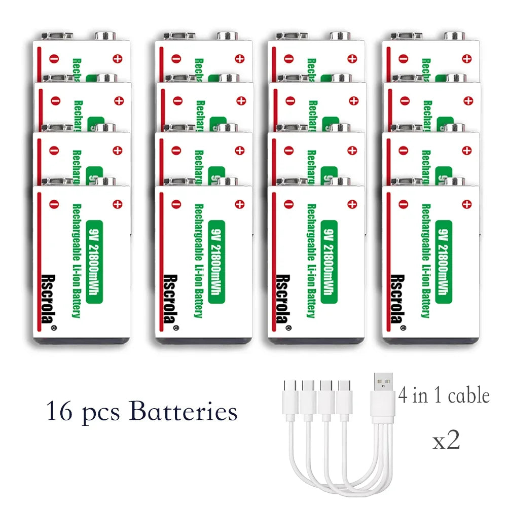21800mWh High Capacity Rechargeable 9V Lithium ion Battery with USB-C for Guitar Microphone Smoke Detector Pedal with Cable Oasis Select 9v 16 pcs 9v Batteries