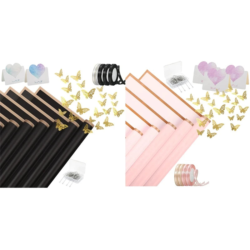40 Sheets Flower Wrapping Paper With 4 Rolls Flower Ribbons, 20 Cards, 36 Pcs 3D Gold Butterflies Oasis Select