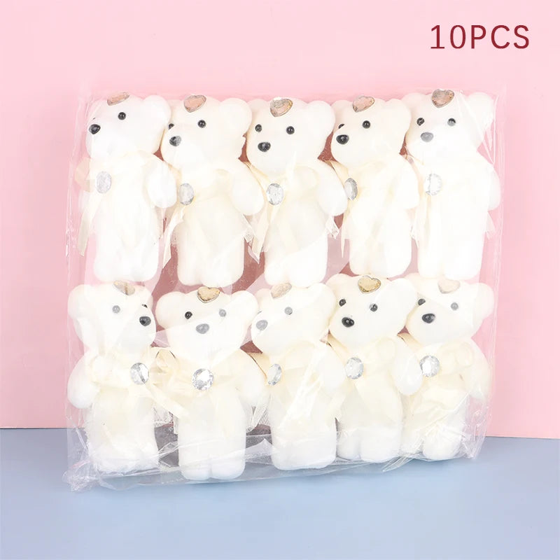 10Pcs 12cm Bear Flower Bouquet Toy Cartoon Doll Teddy Bear Bouquet Graduation Birthday Wedding Gifts Party Decor Oasis Select White